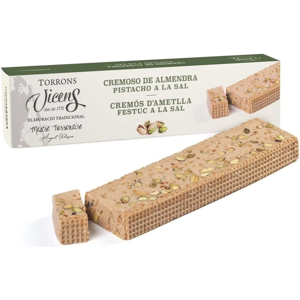 Torrons Vicens Excellence Collection Creamy Almond and Salted Pistachio Nougat premium 300g gift case front view.