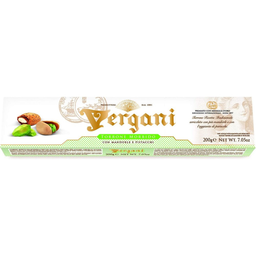 Tita Italian Vergani Soft Almond and Pistachio Nougat Bar front packaging view showing gourmet Italian candy.