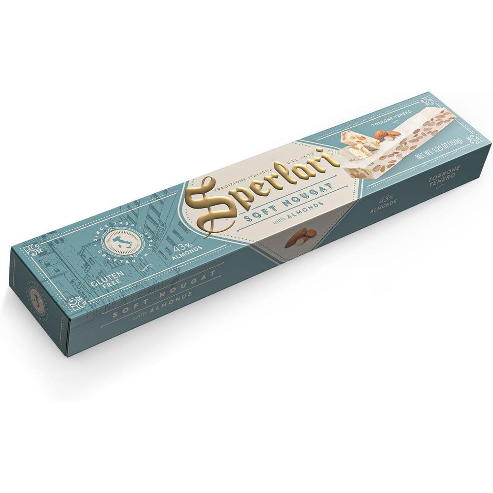 Sperlari Torrone soft Italian nougat bar front view showing almonds and honey packaging.