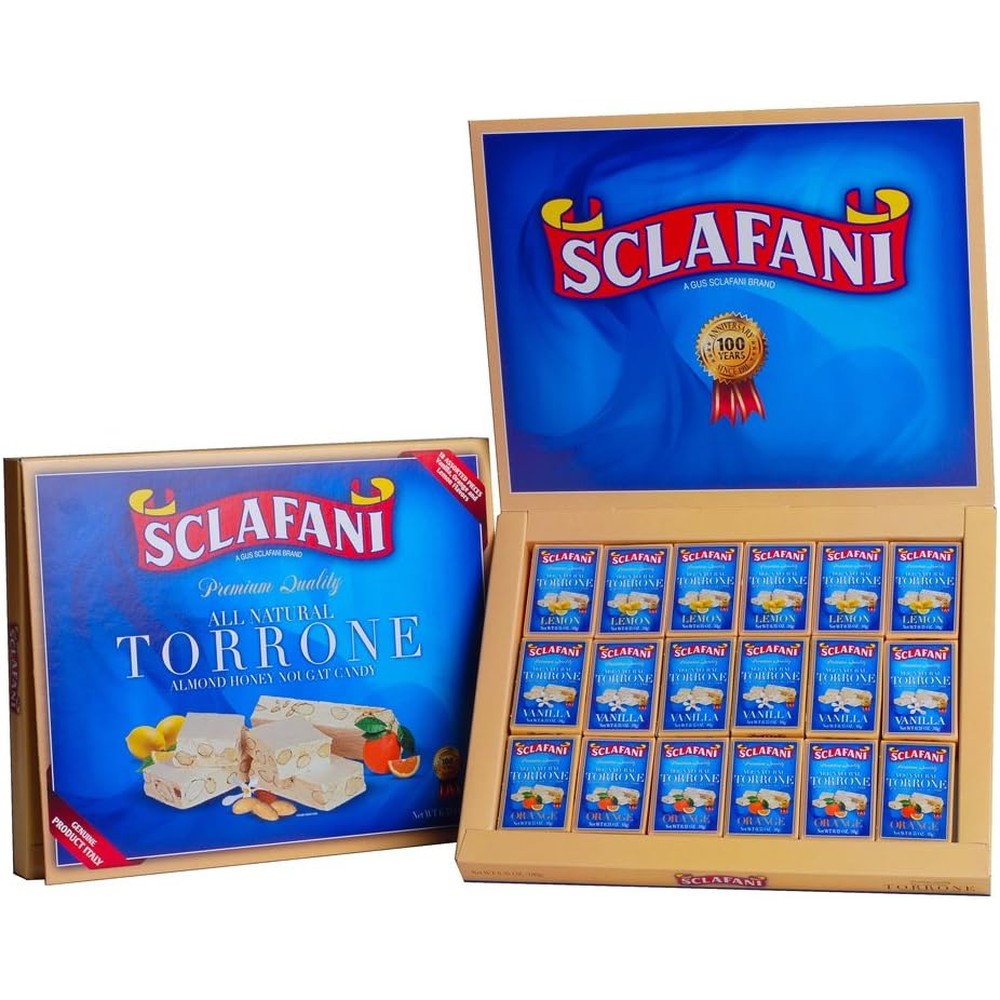 Sclafani Torrone Almond Honey Nougat Candy Assortment Box Eighteen Pieces Lemon Vanilla And Orange Flavors 7.62 Ounces Imported Gourmet Sweets