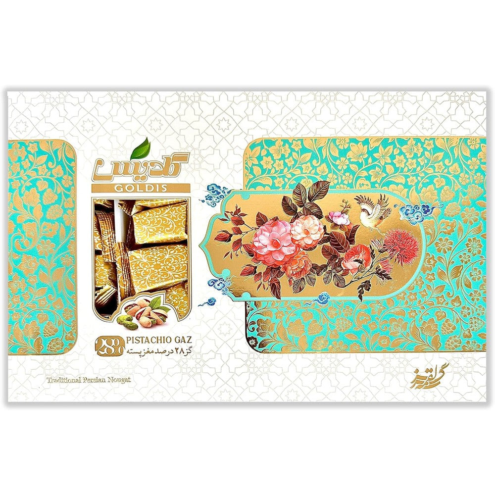 GOALDEES Persian Nougat Gaz 350g box front view showing gold and turquoise floral patterns