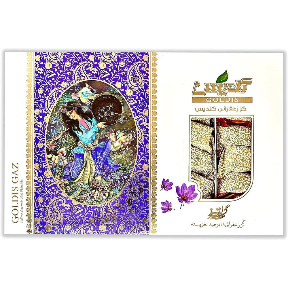 GOALDEES Persian Nougat Gaz 350g box front view showcasing authentic saffron candy