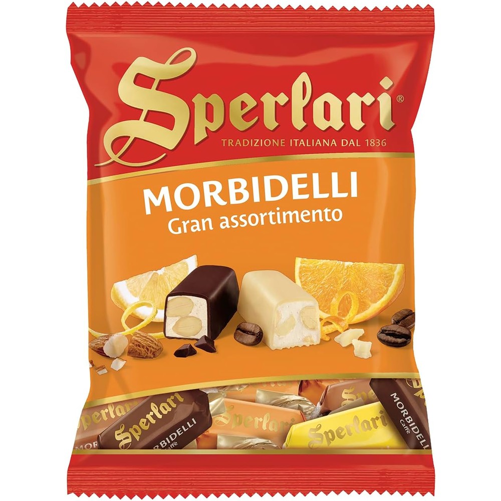 Sperlari Chocolate Coated Soft Nougat Bites With Almonds front package view authentic Italian imported candy