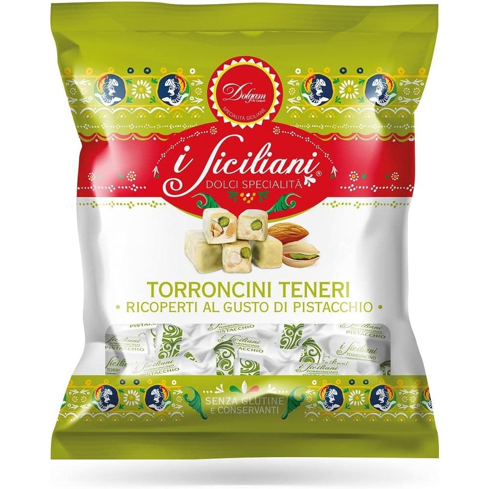 Dolgam I Siciliani Soft Pistachio And Almond Torrone Nougat Bite Size Individually Wrapped Packets Total 600 Grams