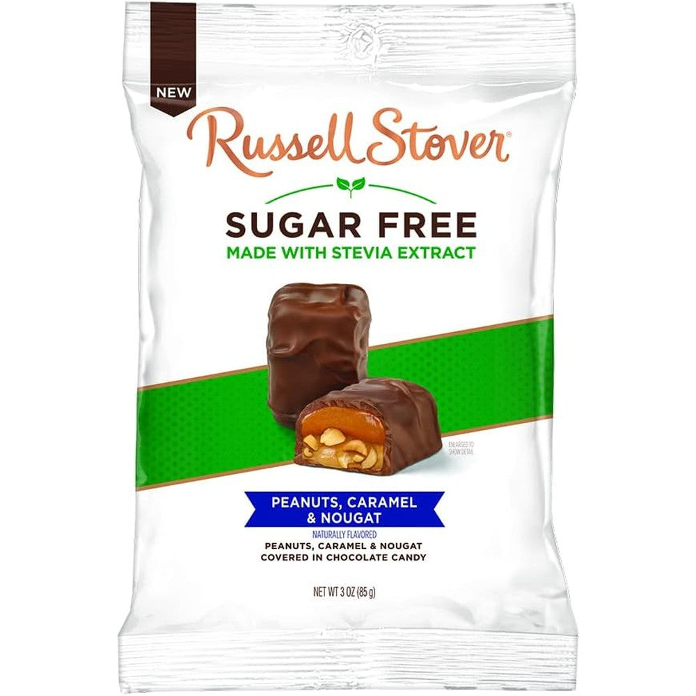 Russell Stover sugar free peanuts caramel and nougat chocolate candy bag front view