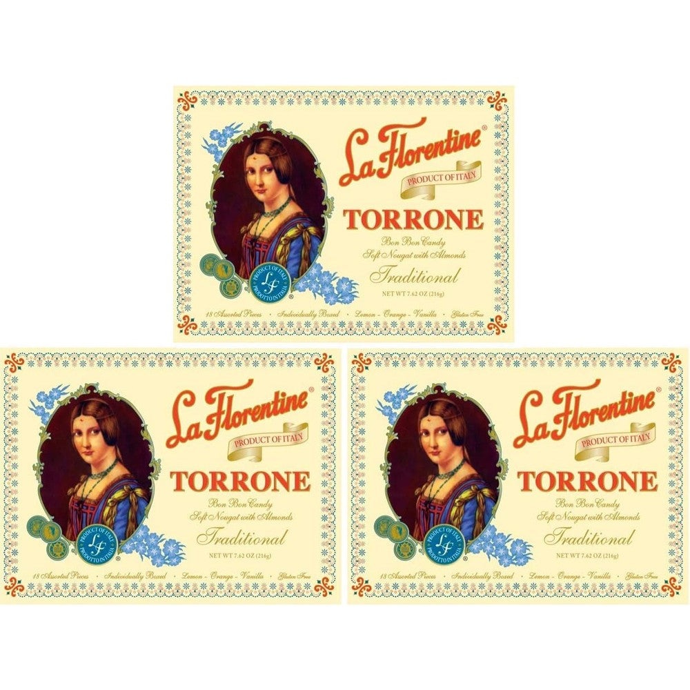 La Florentine Torrone Candy Traditional Italian Soft Almond Nougat Assortment Box 3 Pack of 18 Pieces 7.62 Ounce
