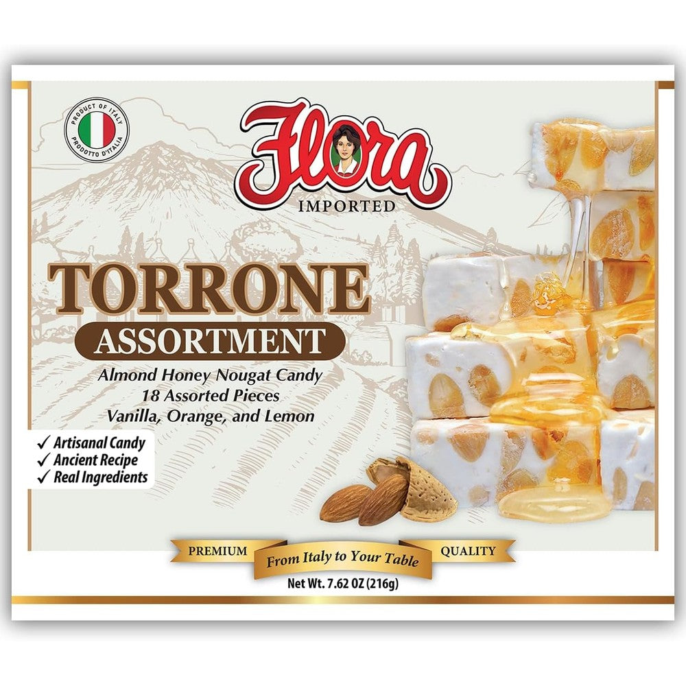 Flora Fine Foods Assorted Italian Torrone front box view showing authentic nougat flavors