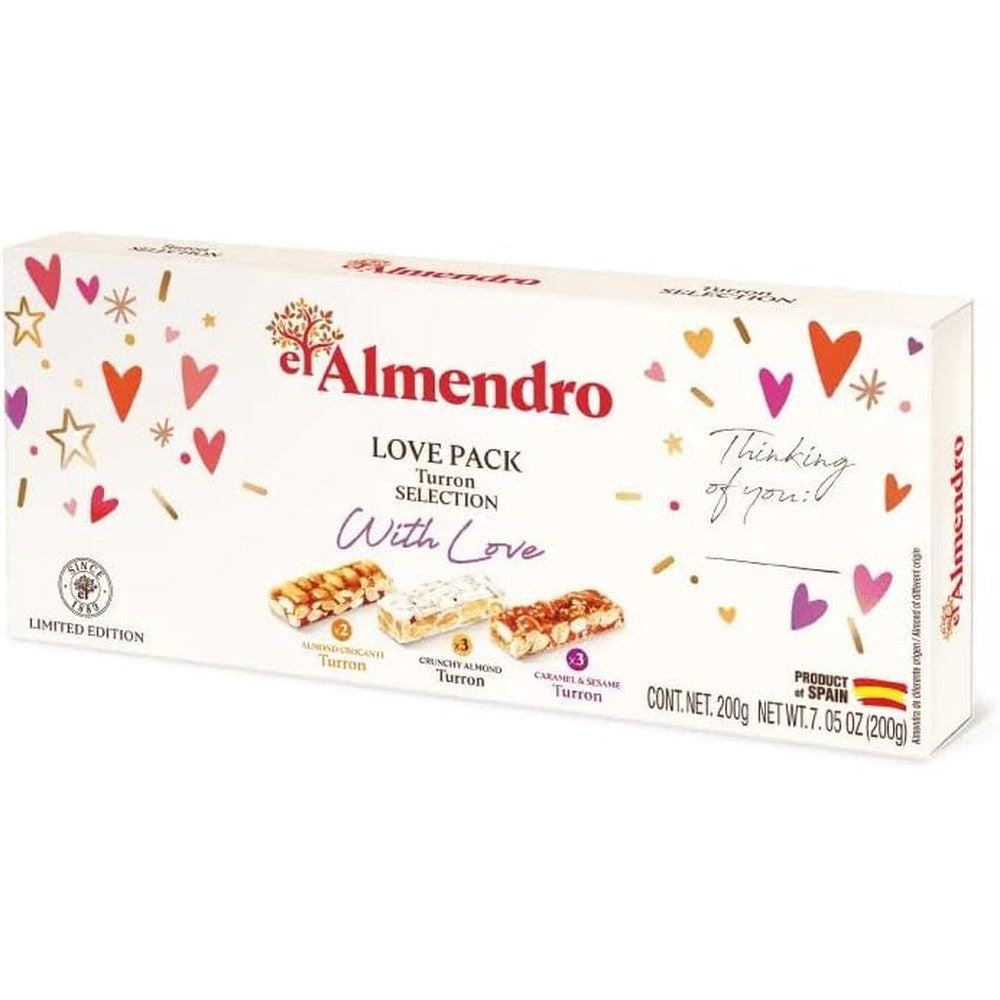 El Almendro Limited Edition Turrones 200g gift box front view featuring heart and star graphics showcasing authentic Spanish nougat candy.