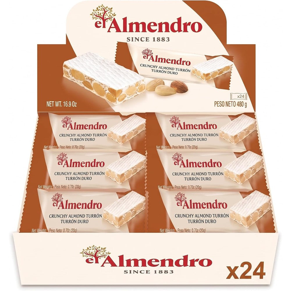 El Almendro Crunchy Almond Turron Duro display box front view showcasing traditional Spanish candy.