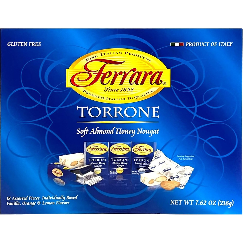 Ferrara Torrone Assorted Almond Honey Nougat Candy Gift Box With Vanilla Orange And Lemon Flavors Seven Point Six Two Ounce Two Hundred Sixteen Grams