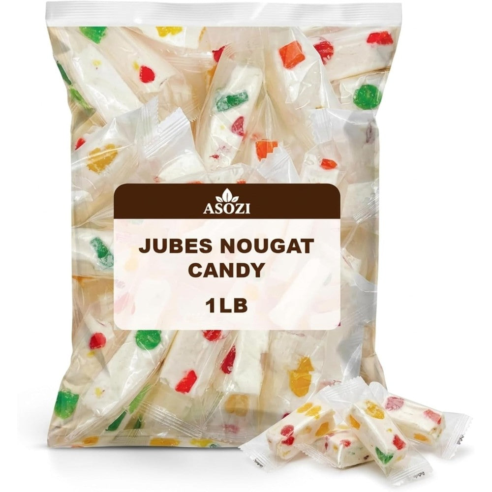 ASOZI Jubes Nougat Candy with Fruity Jelly Beans 1 pound bag front view showing individual wrapped pieces.