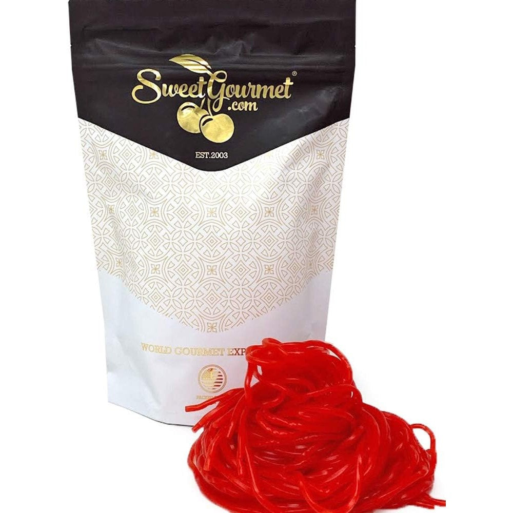 SweetGourmet Strawberry Dutch Licorice Laces front view of the one pound packaging