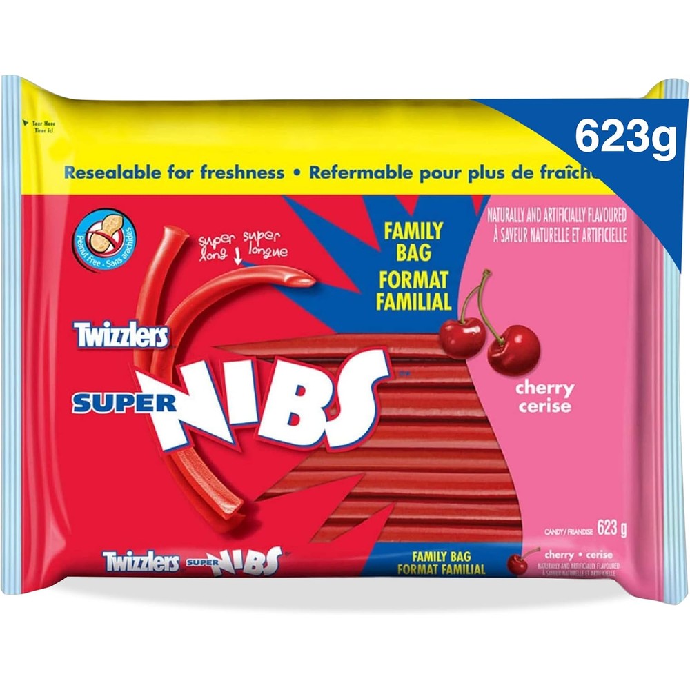 Twizzlers Super Nibs cherry flavored licorice candy front view family bag