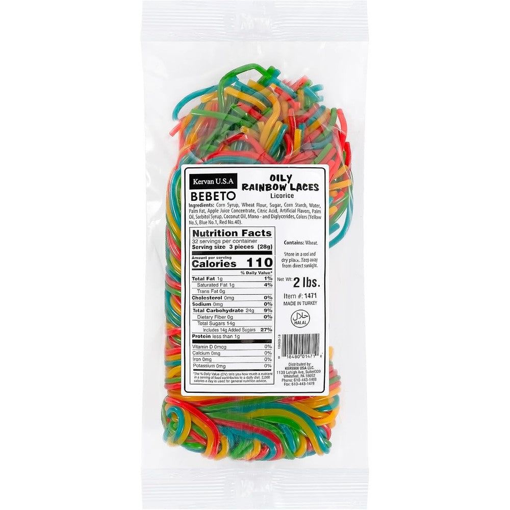 Kervan Bebeto Rainbow Licorice Laces bulk two pound bag front view