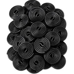 DM Sweets Black Licorice Wheels Candy front view of one pound bag showcasing premium imported soft twists.
