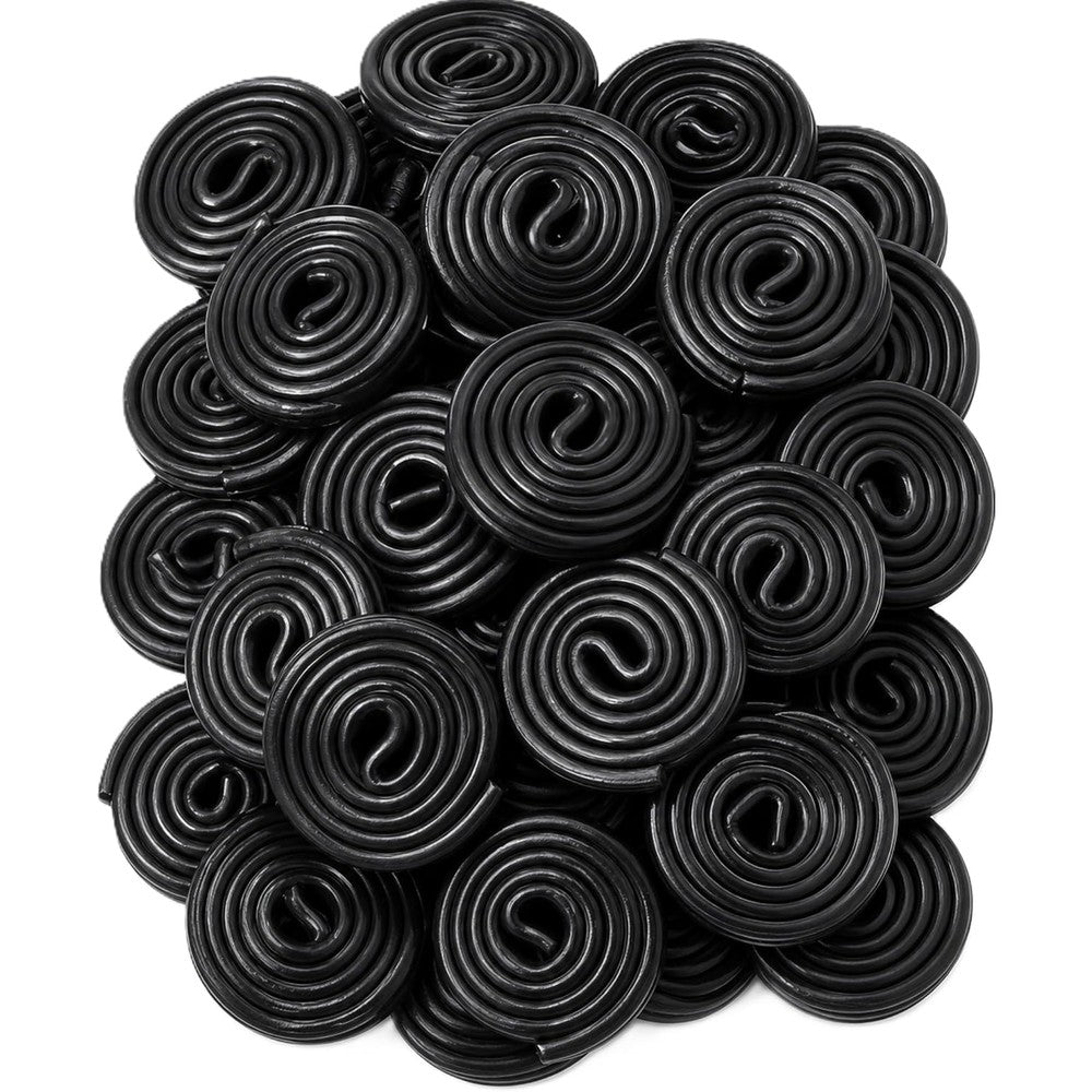 DM Sweets Black Licorice Wheels Candy front view of one pound bag showcasing premium imported soft twists.