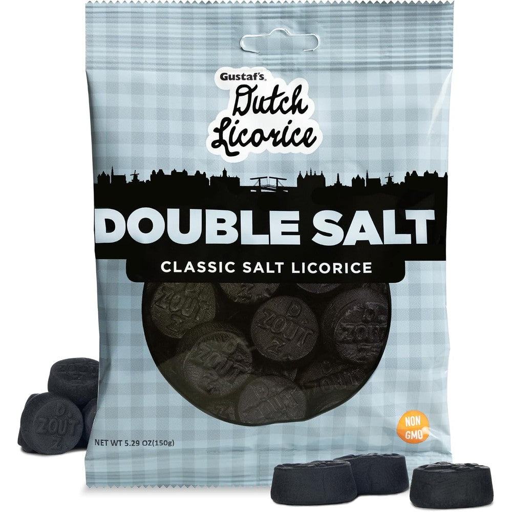 Gustaf's Dutch Licorice Coins Double Salt front view of the authentic 5.2 ounce snack bag.