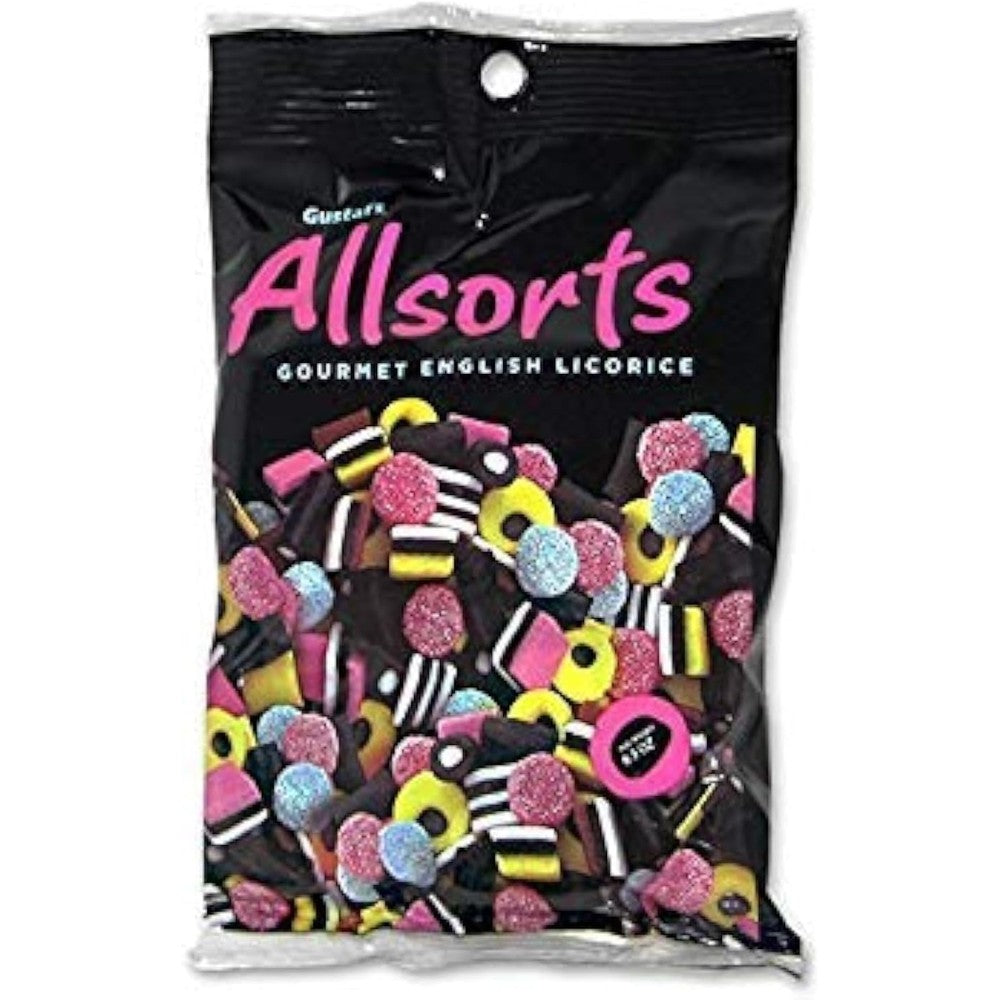 Gustafs AllSorts Gourmet English Licorice Candy 6.3 Ounce peg bag front view showing assorted multicolored candies