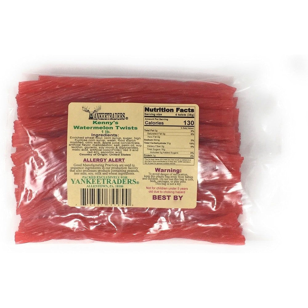 Kenny's Licorice Twists Watermelon 1 Pound front packaging view showcasing authentic USA imported chewy candy.