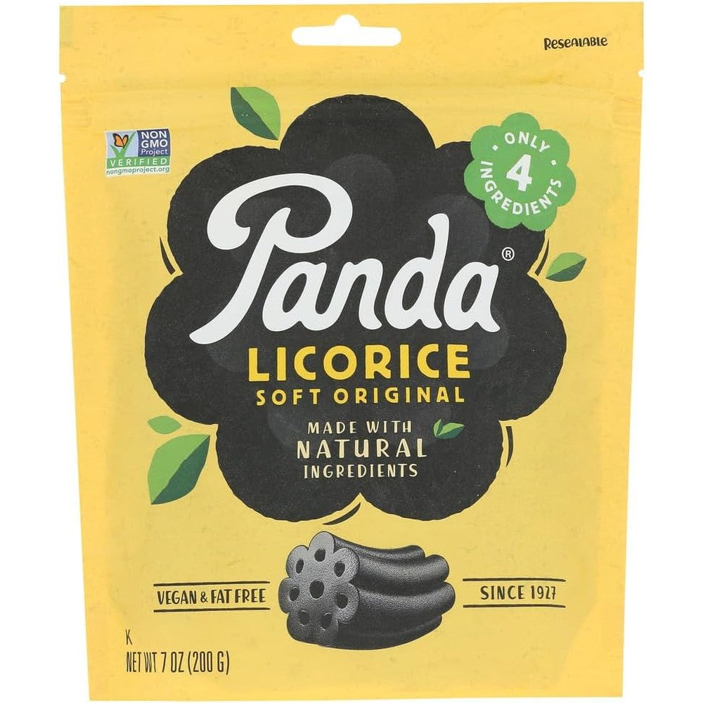 Panda Licorice Soft Chews Black 7 Ounce front view packaging showing vegan logo.