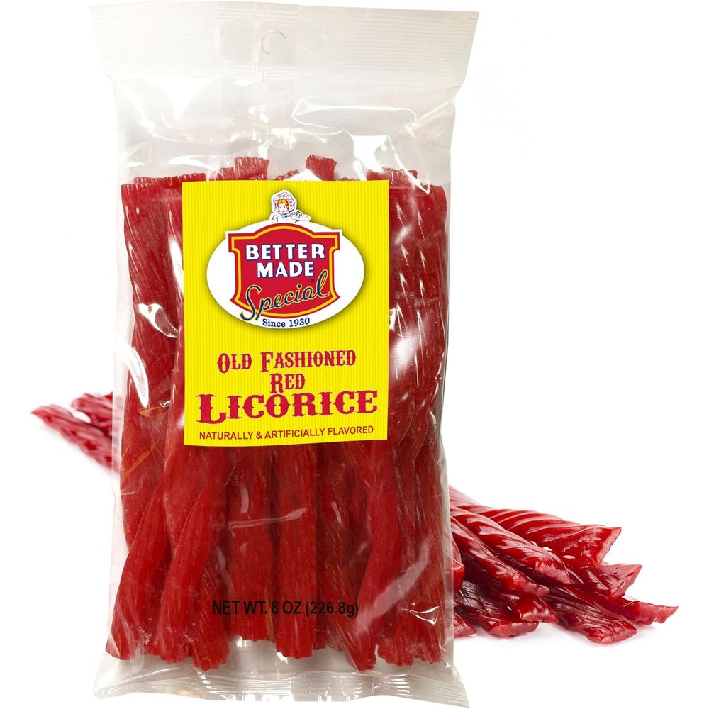 Better Made Old Fashioned Red Licorice front view of the eight ounce snack bag