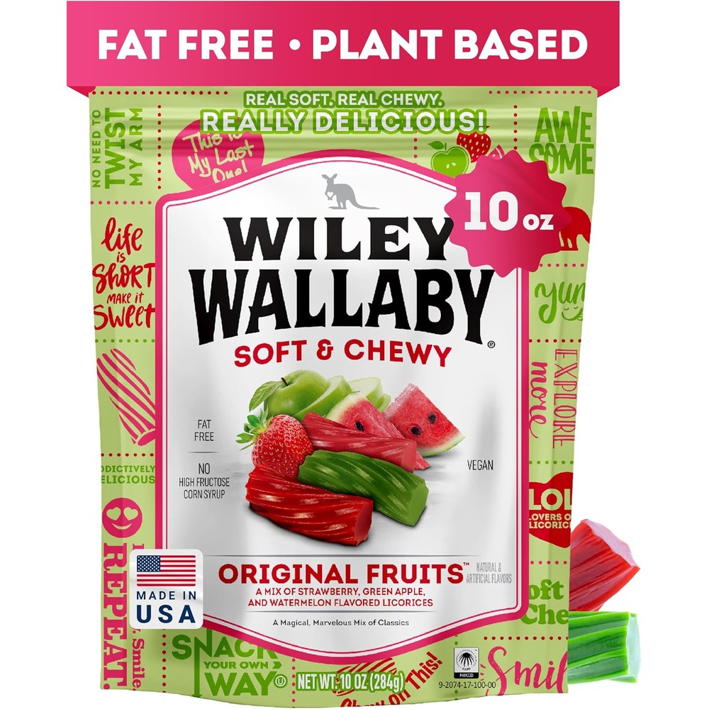 Wiley Wallaby Original Fruits Licorice 10 Ounce front view package showing gourmet soft and chewy twists.