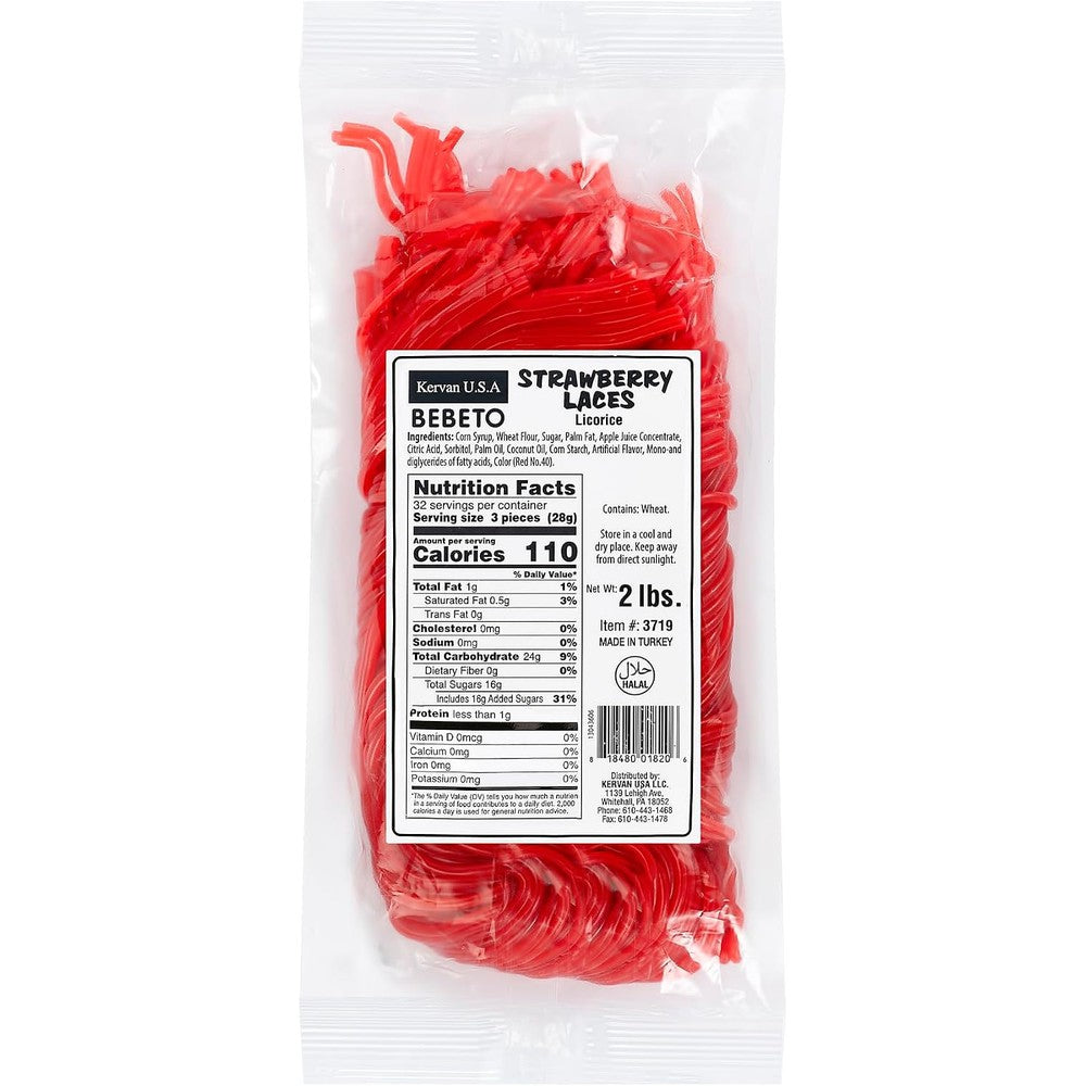 Kervan Bebeto strawberry licorice laces front package view showing soft chewy red shoestring candy
