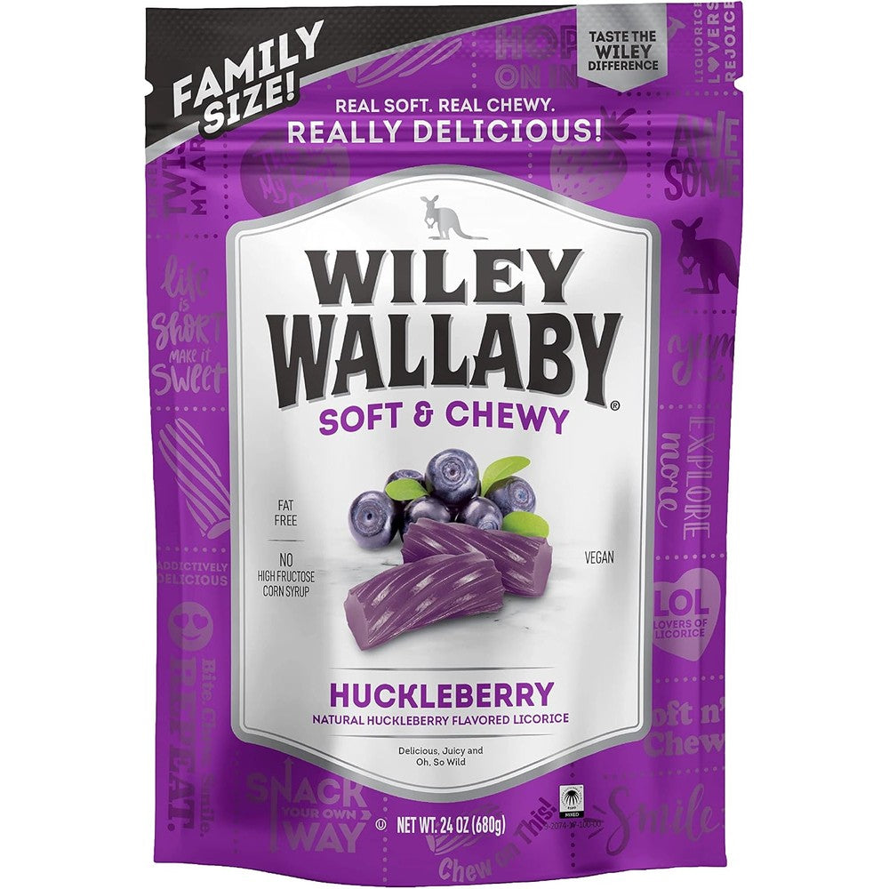 Wiley Wallaby Huckleberry Licorice 24 Ounce front view of family size bag
