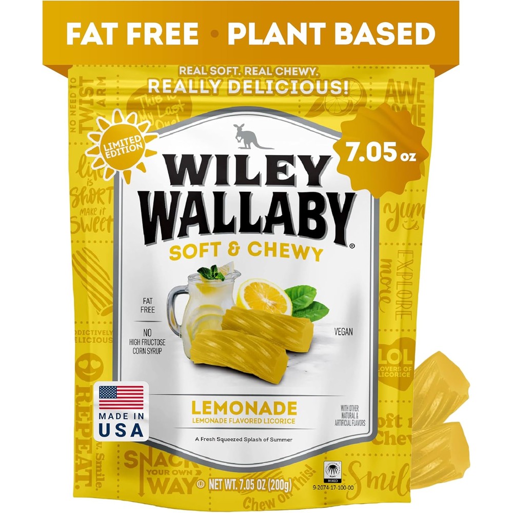 Wiley Wallaby Lemonade Licorice 7.05 Ounce pack front view showcasing authentic gourmet candy twists.