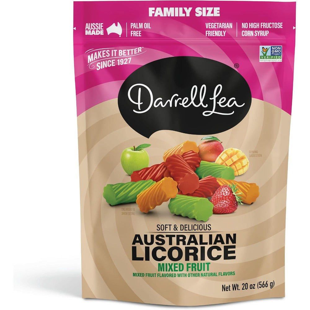 Darrell Lea Soft Australian Licorice Mixed Fruit twenty ounce front packaging view