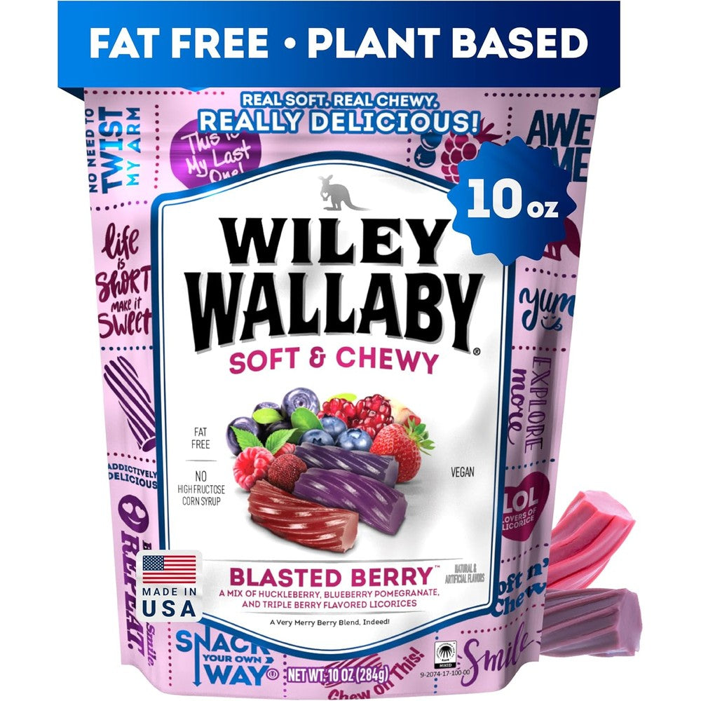 Wiley Wallaby Blasted Berry Licorice 10 Ounce front view of resealable pouch packaging.