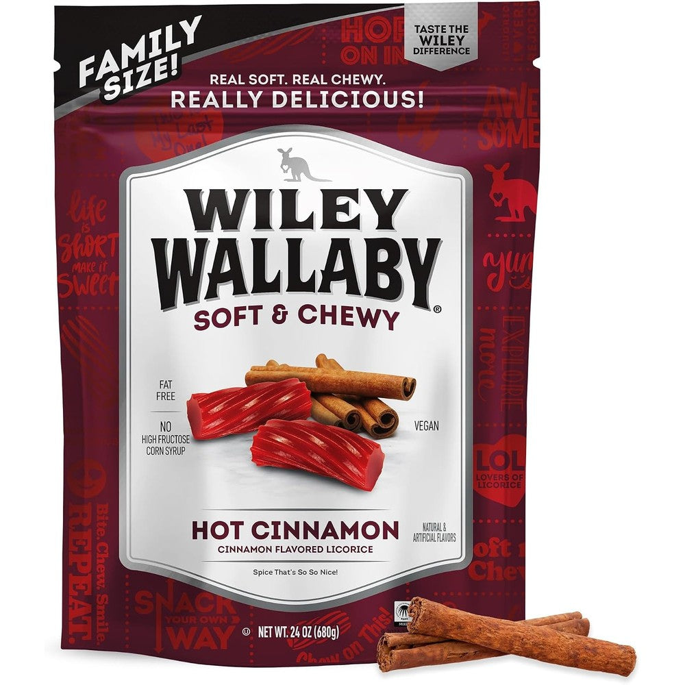 Wiley Wallaby Classic Gourmet Cinnamon Licorice Twists 24 Ounce front view of the packaging.