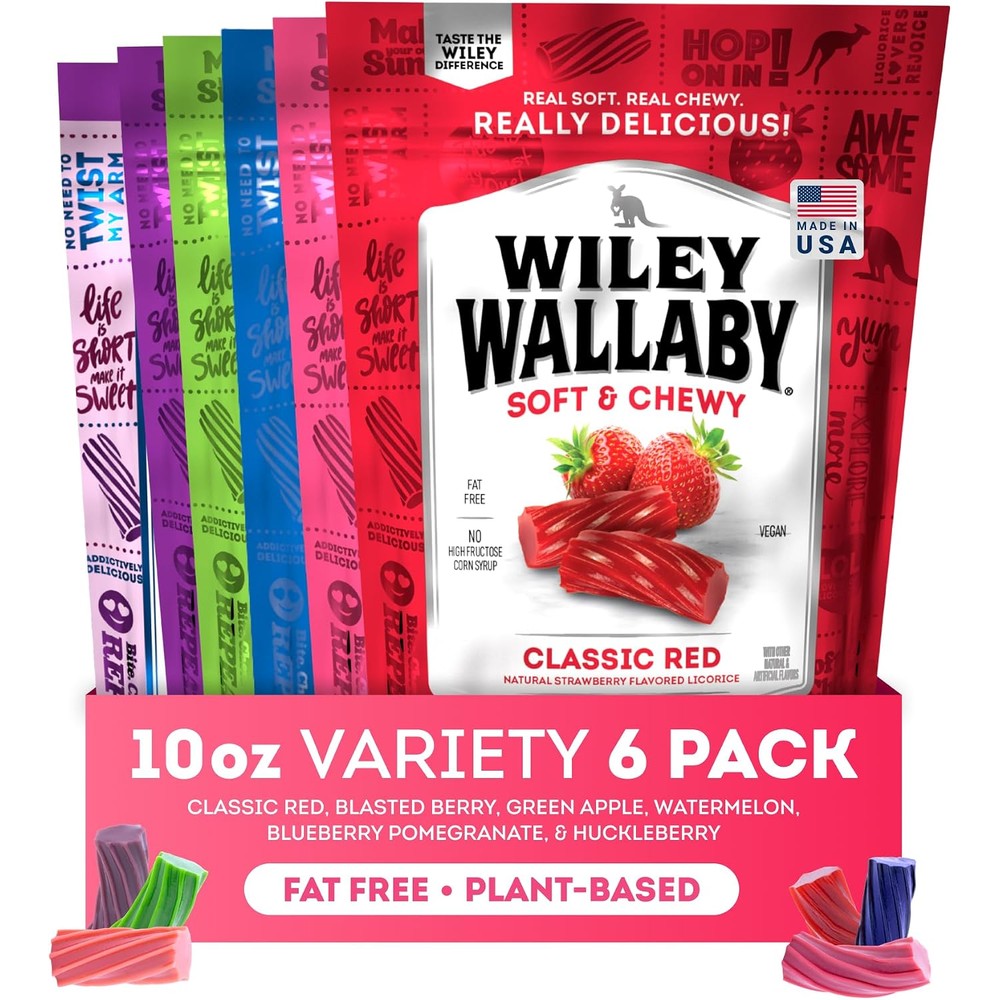 Wiley Wallaby Licorice variety pack front view showing six gourmet bags