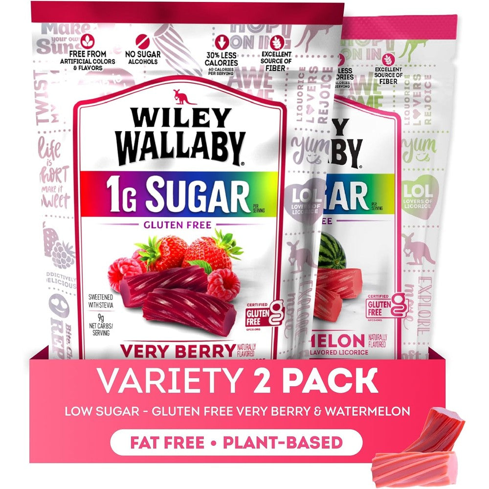 Wiley Wallaby low sugar gluten free licorice 2-pack front view