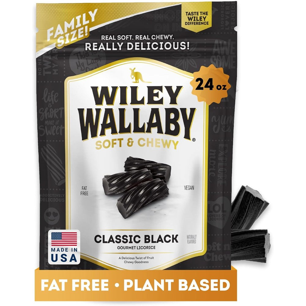 Wiley Wallaby Classic Black Gourmet Licorice Twists 24 Ounce pack front view