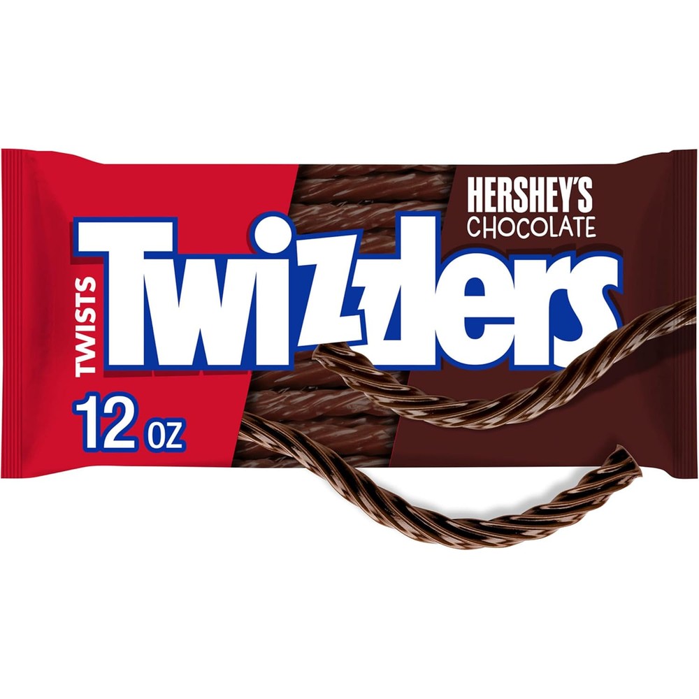 Twizzlers chocolate flavor twists 12 Ounce bag front view chewy candy snack