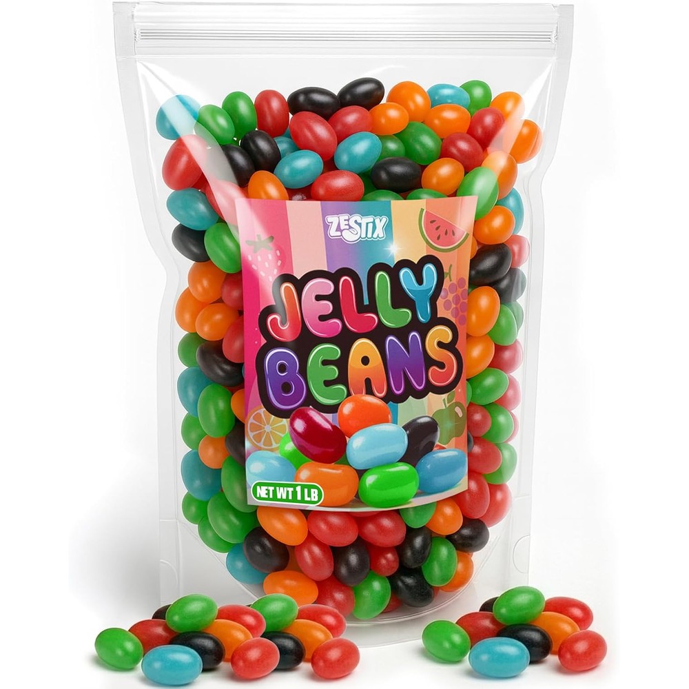 Zestix Jelly Beans 1 pound bag front view showing assorted multicolored fruity candies.