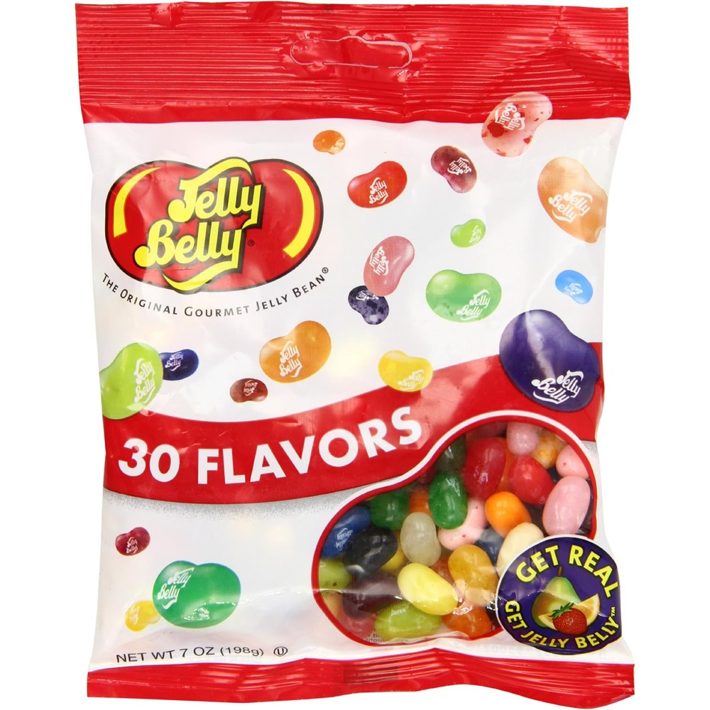 Jelly Belly Thirty Assorted Flavor Jelly Beans 7 Ounce pack showing the variety of gourmet flavors.