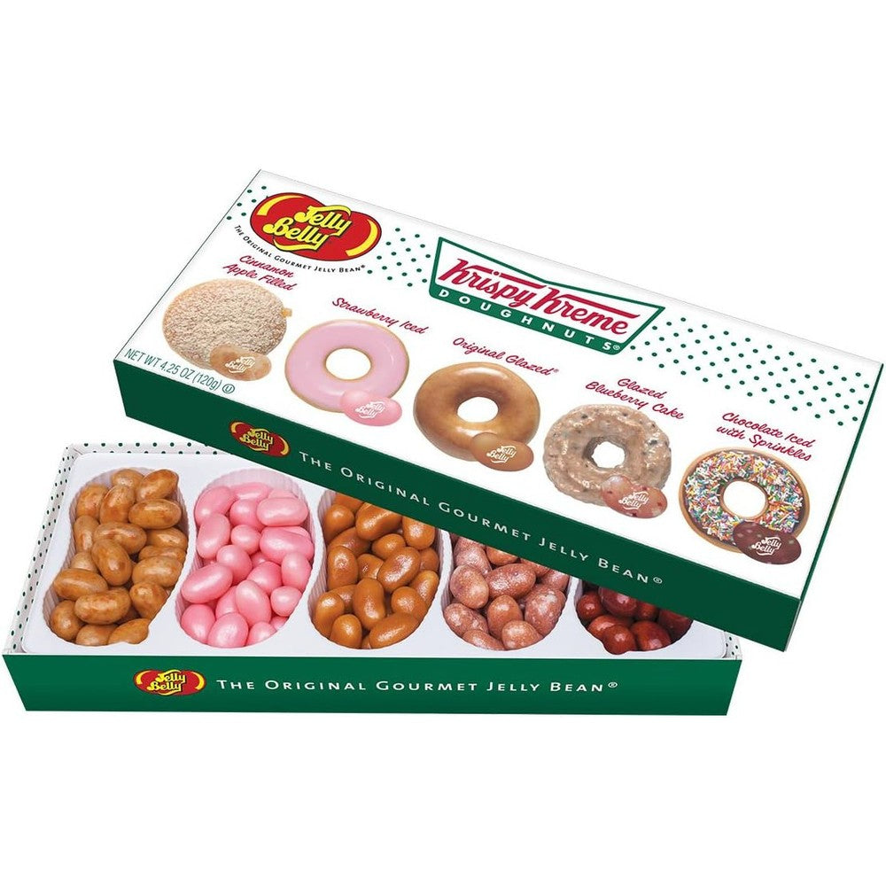 Jelly Belly Krispy Kreme Doughnuts candy gift box front view featuring authentic imported gourmet jelly beans.