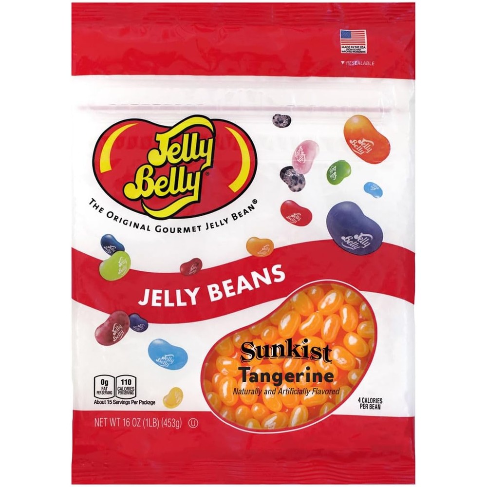 Jelly Belly Sunkist Tangerine Jelly Beans Gourmet Chewy Candy Imported From USA Resealable Freshness Bag 16 Ounces 1 Pound