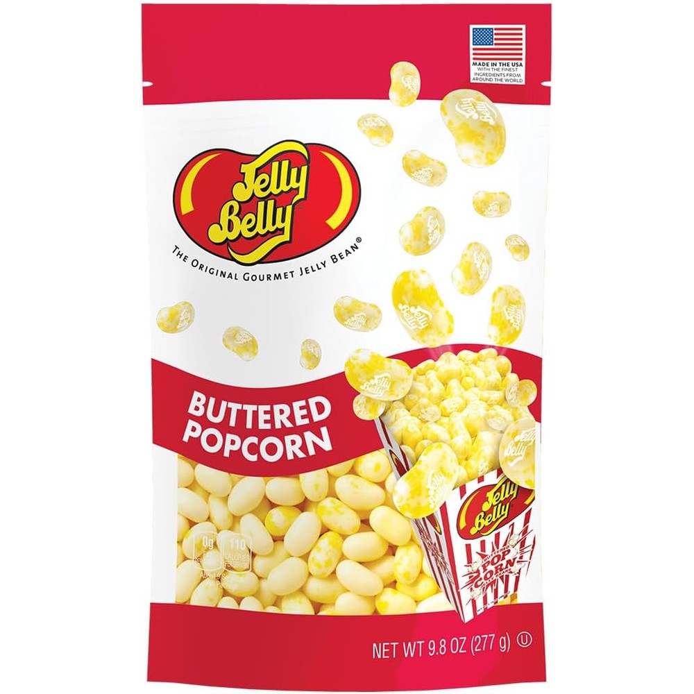 Jelly Belly Buttered Popcorn Jelly Beans front view of the nine point eight ounce resealable pouch bag.