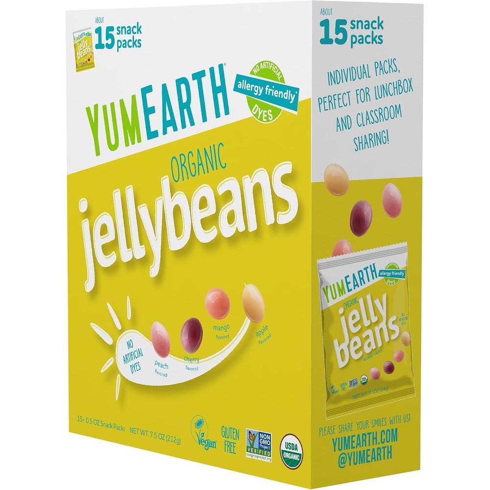 YumEarth Organic Jelly Beans Fruity Candy Snack Packs Gluten Free Allergy Friendly Vegan Assorted Fruit Flavors Fifteen Pack Seven Point Five Ounce