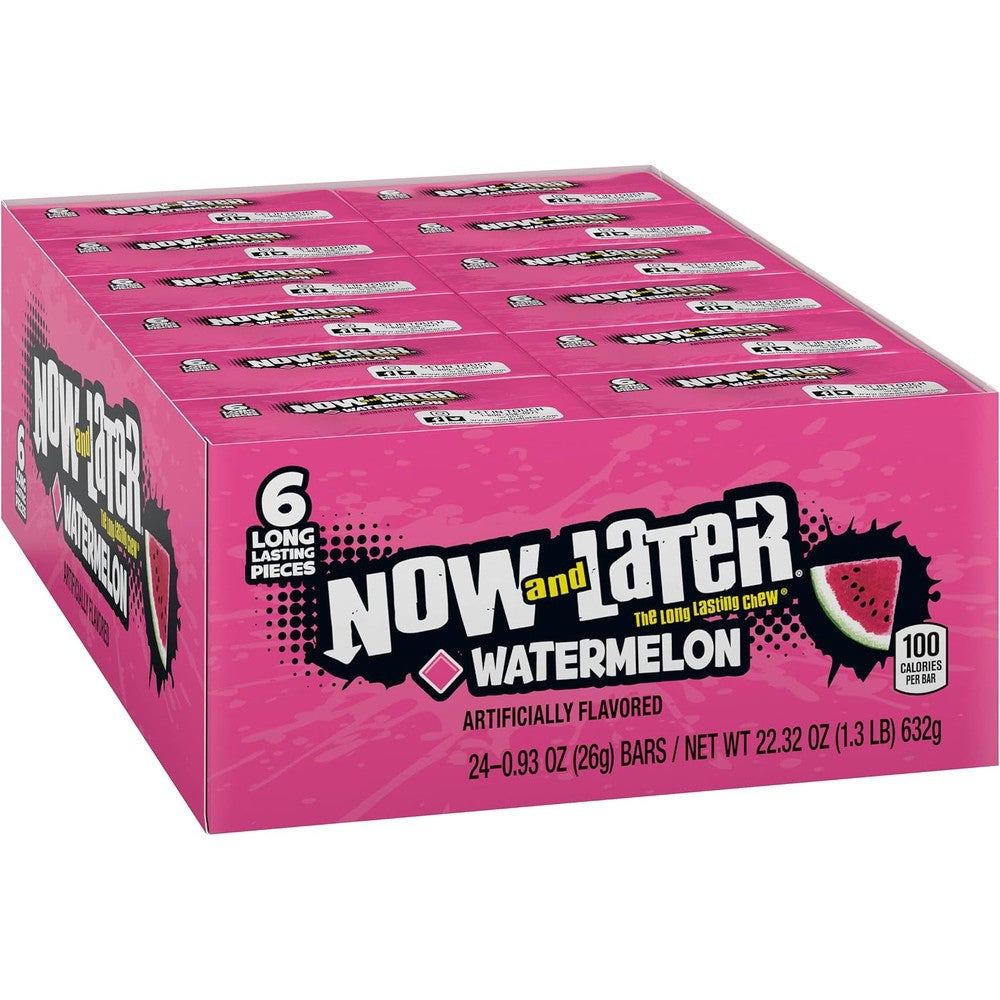 Now And Later Candy Watermelon Flavor 0.93 Ounce Bars Pack Of 24 Authentic Imported USA Chewy Taffy