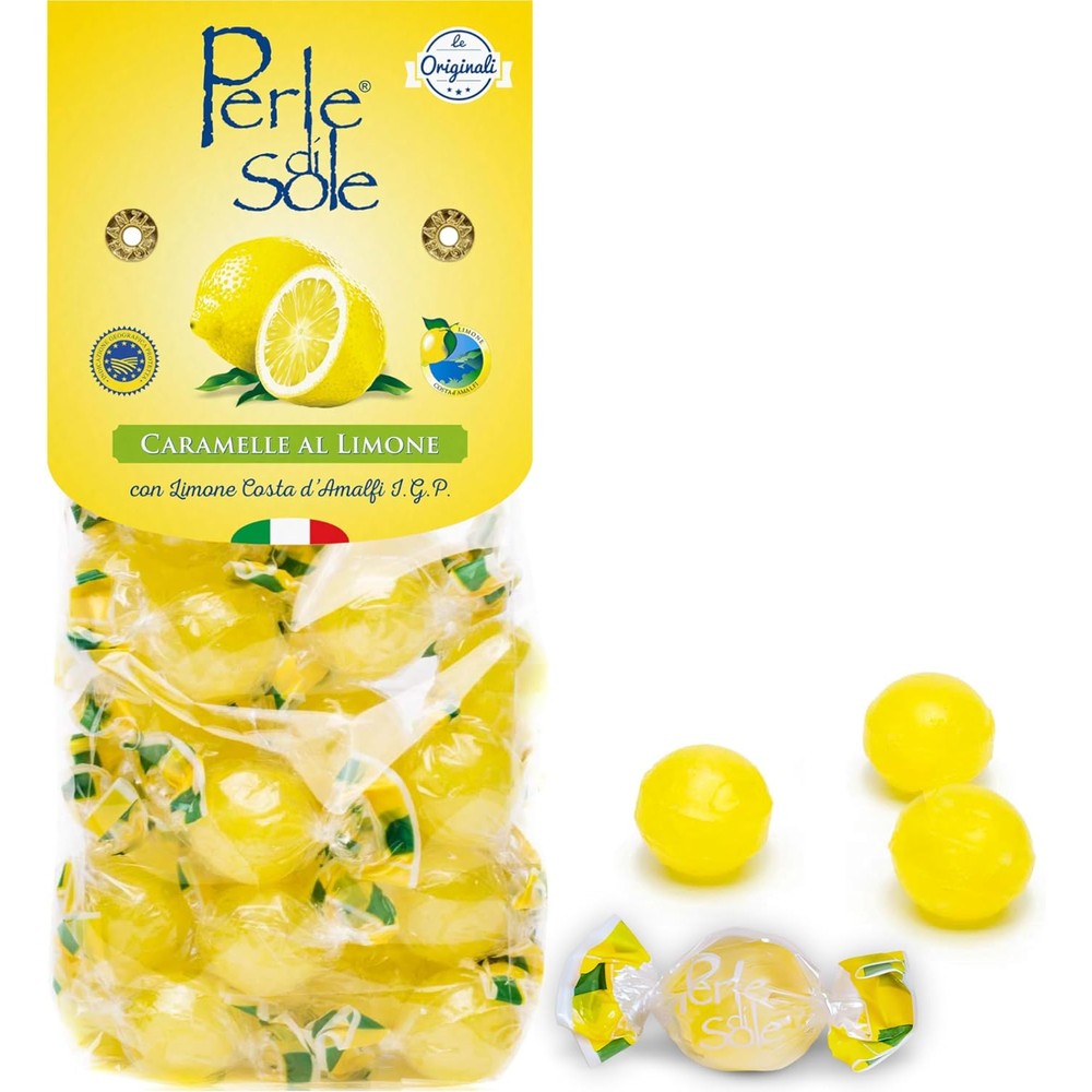 Perle Di Sole Italian Lemon Drops Hard Candy Made With Essential Oils Of Amalfi Coast Lemon 7.05 Ounces