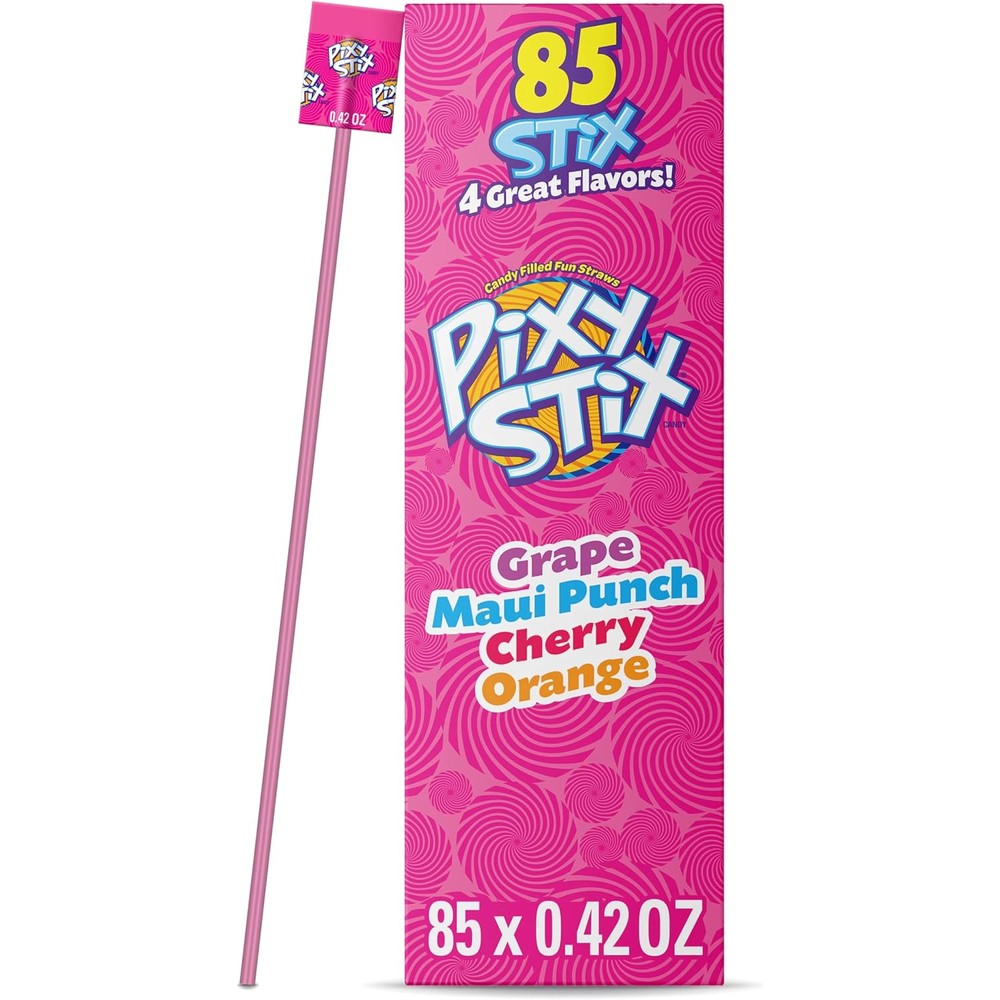 Ferrara Wonka Pixy Stix Assorted Sweet And Tart Candy Powder Straws Grape Maui Punch Cherry And Orange 85 Count 35.7 Ounce