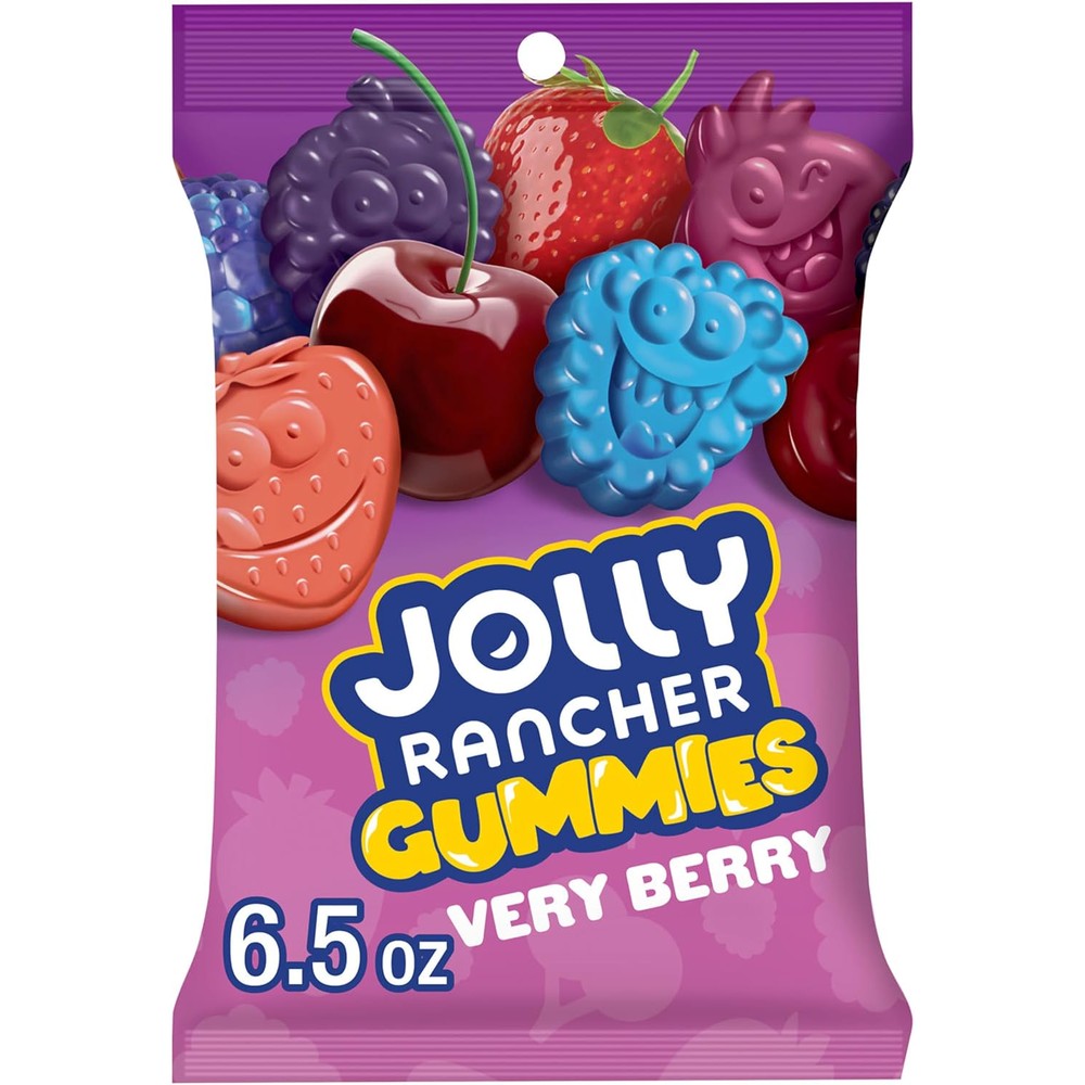 Jolly Rancher Gummies Very Berry 6.5 ounce bag front view showcasing imported American chewy candy.