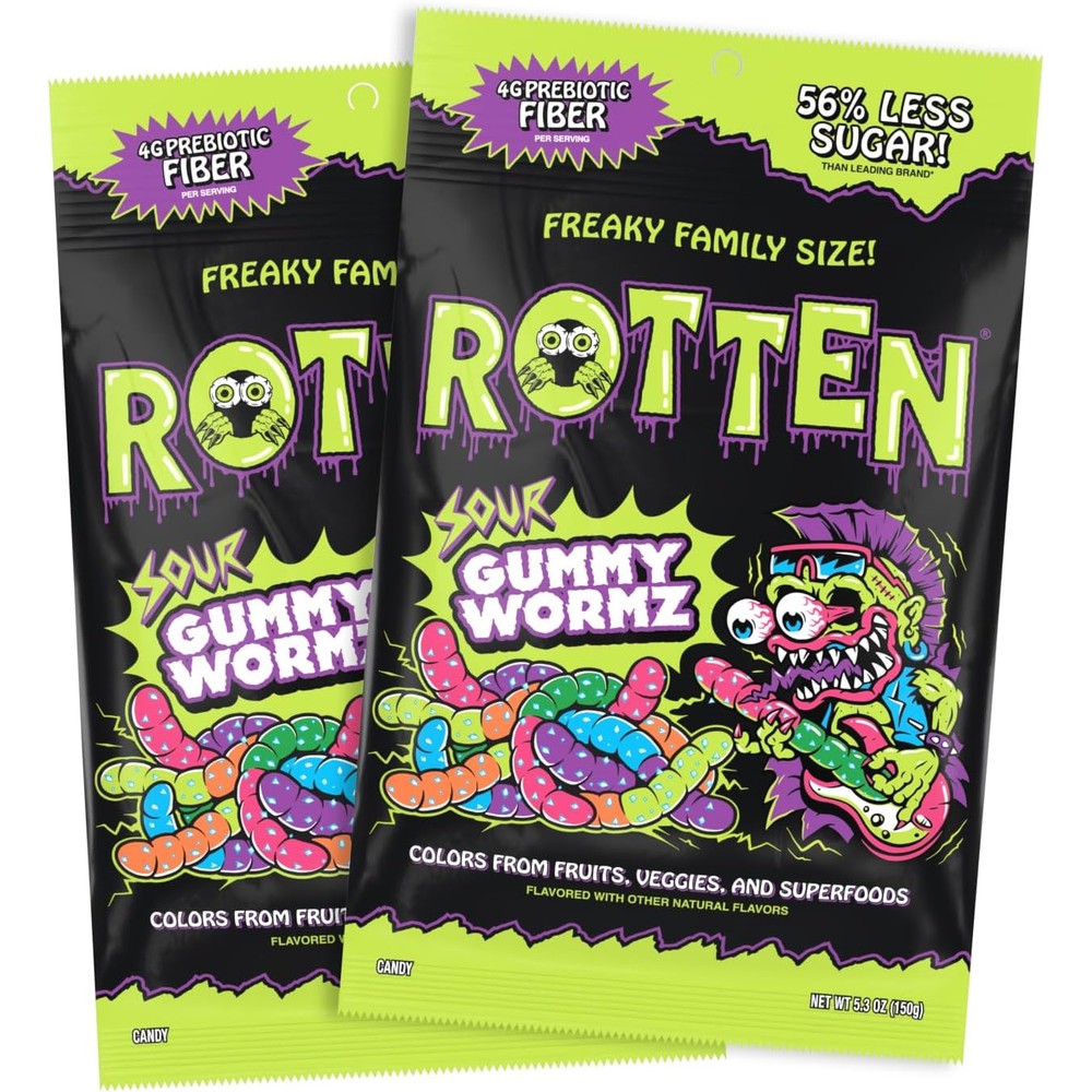 Rotten Sour Gummy Worms front view low sugar candy pack.