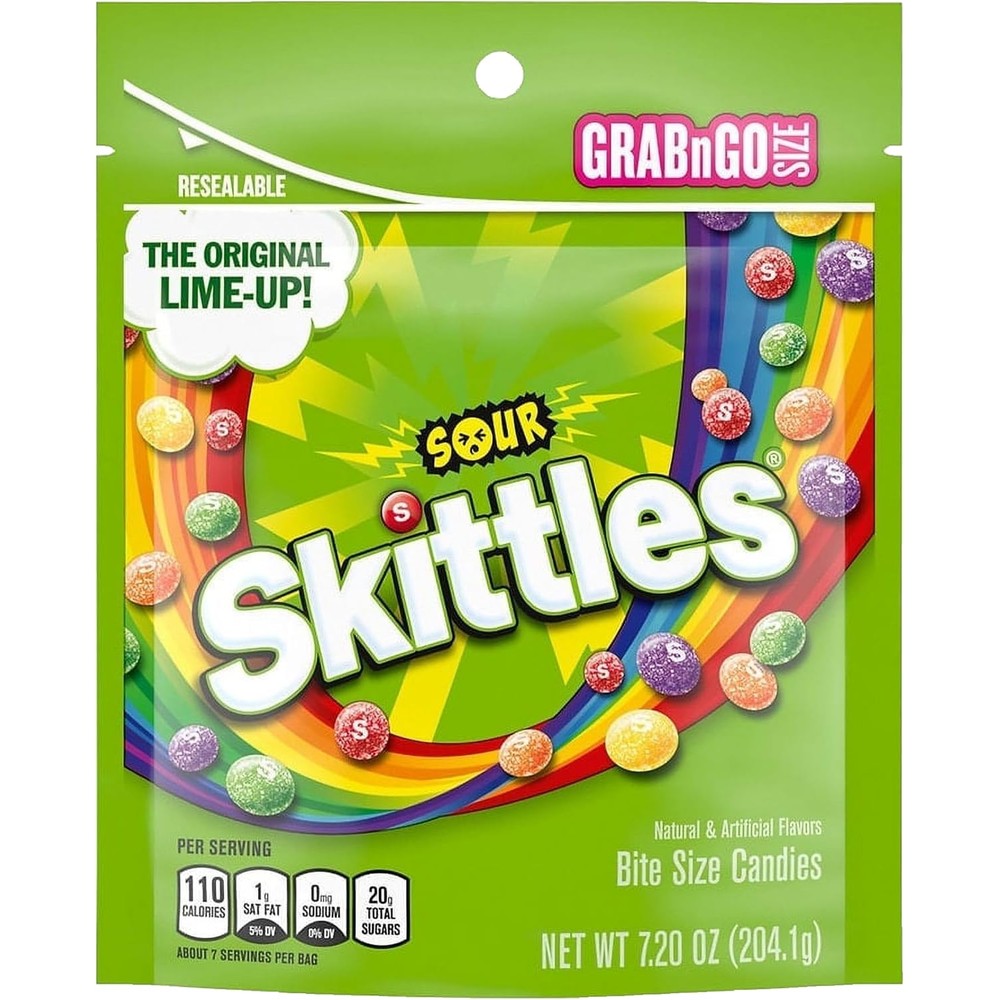Skittles Sour Candy Grab N Go Resealable Pouches Fruity Chewy Bite Size Candy Two Pack Bundle Fourteen Point Four Ounces Total
