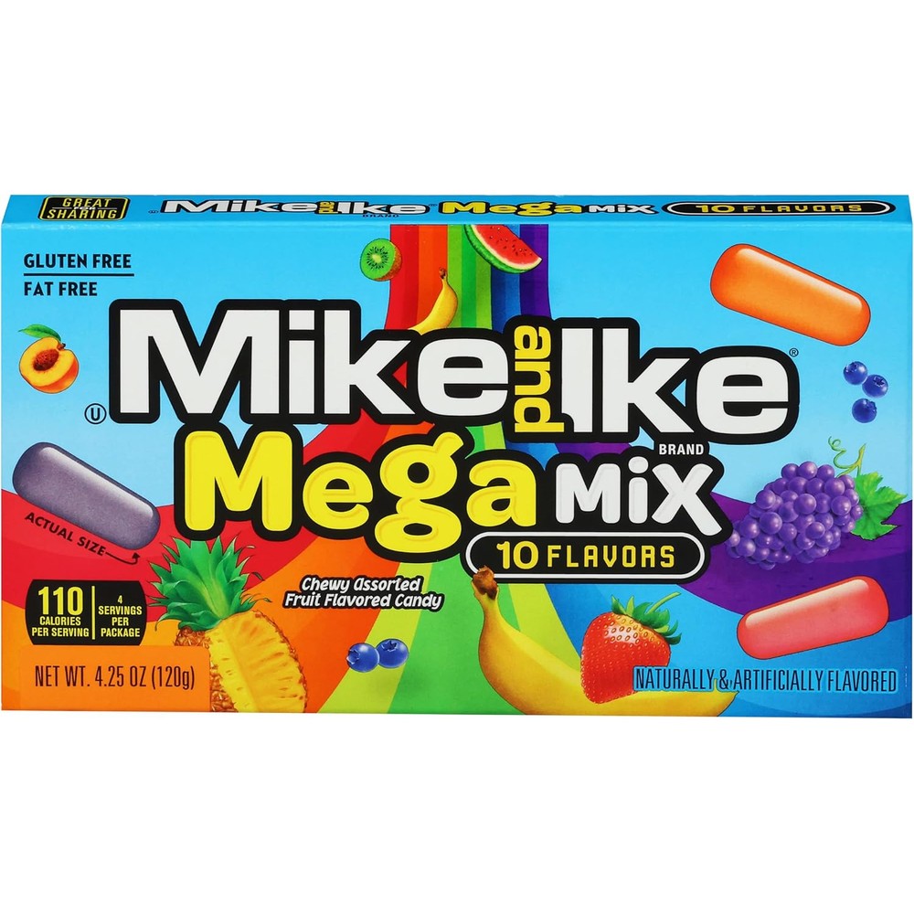 Mike and Ike Mega Mix Chewy Candy front view showing USA imported theater box packaging.
