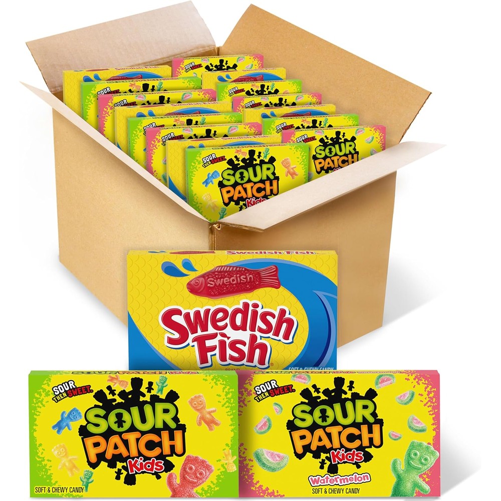 Sour Patch Kids and Swedish Fish variety pack front view showing fifteen bulk movie theater boxes.